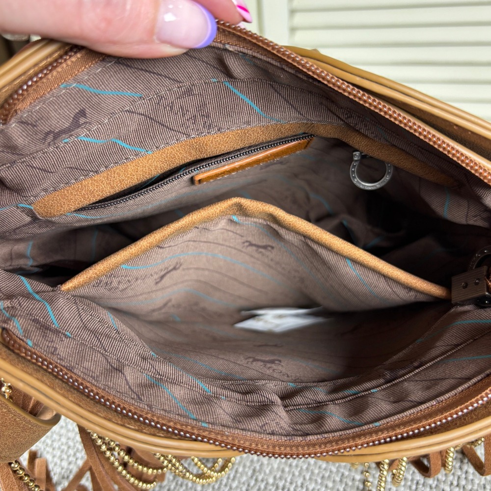 Montana West Brown Crossbody Modernist Fringe Purse Turquoise Concho Chain Bag - Picture 6 of 7